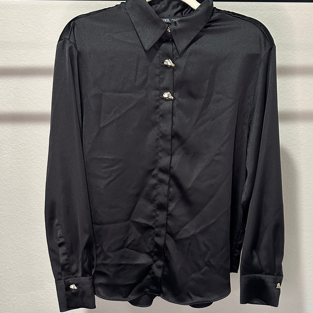 Zara Black Satin button down Shirt